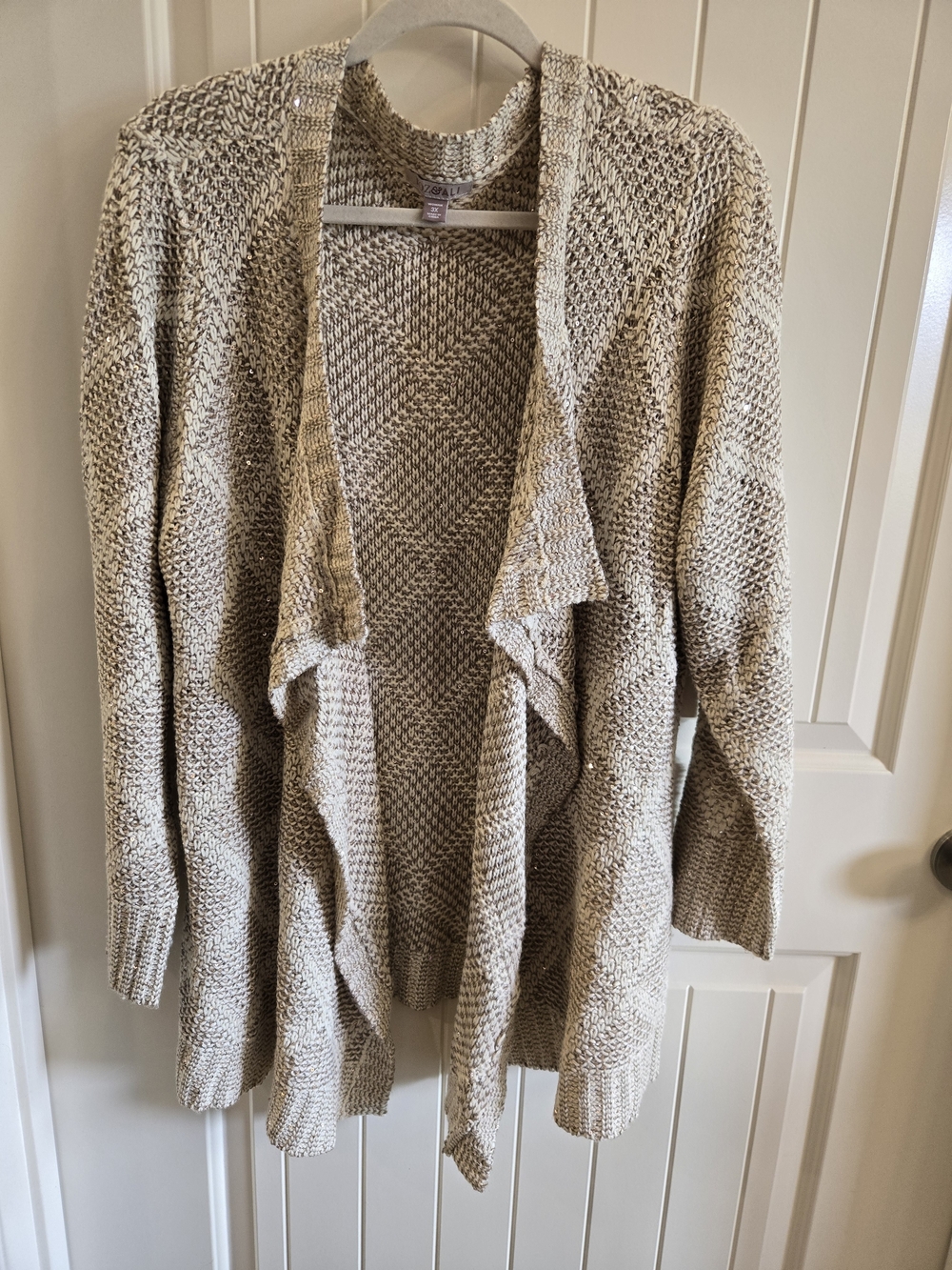 Roz & Ali Open-Front Draped Cardigan in Taupe W/ Gold Sequins Size 3x